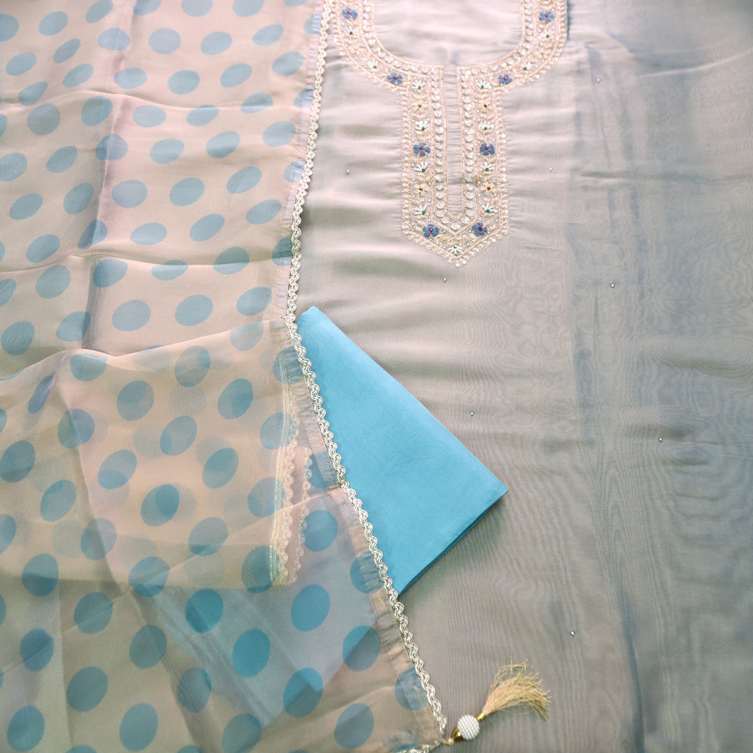 Avinya Chrome Blue Embellished Shimmer Tissue Organza Set