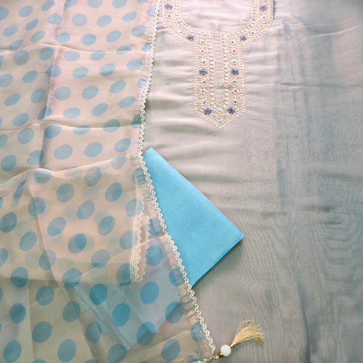 Avinya Chrome Blue Embellished Shimmer Tissue Organza Set
