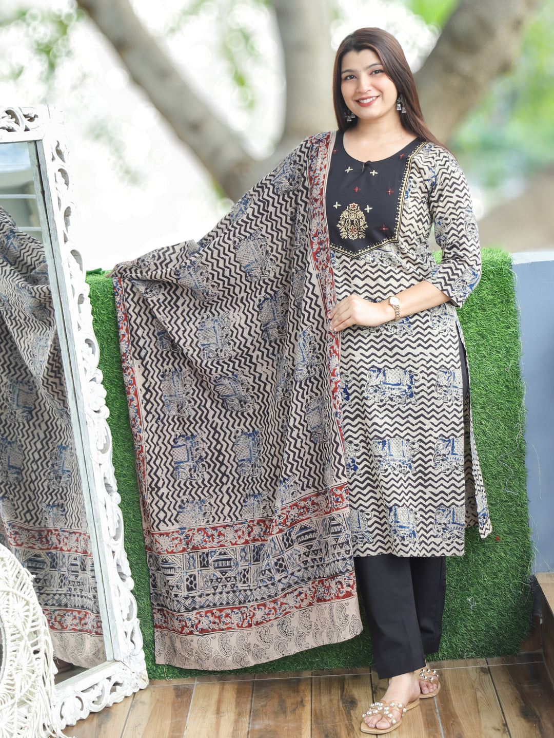 Nancy Oil Black Kalamkari Cotton 3 PIece Set