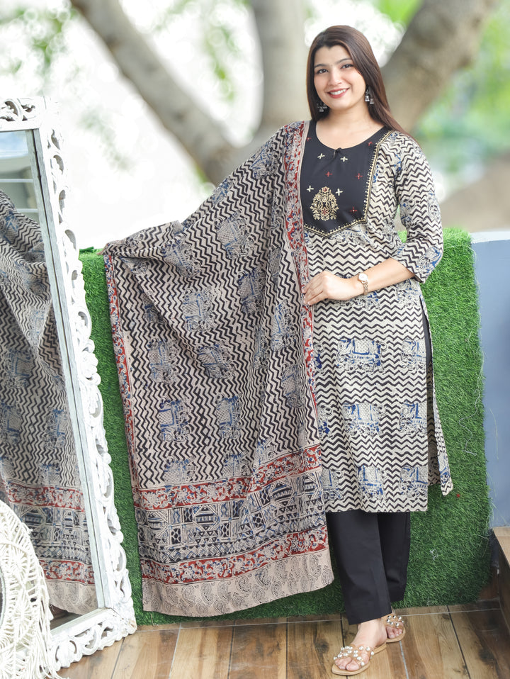 Nancy Oil Black Kalamkari Cotton 3 PIece Set