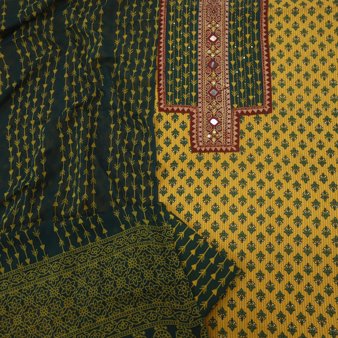 Ruhani Canary Yellow Ajrak Printed Cotton Top With Cotton Dupatta