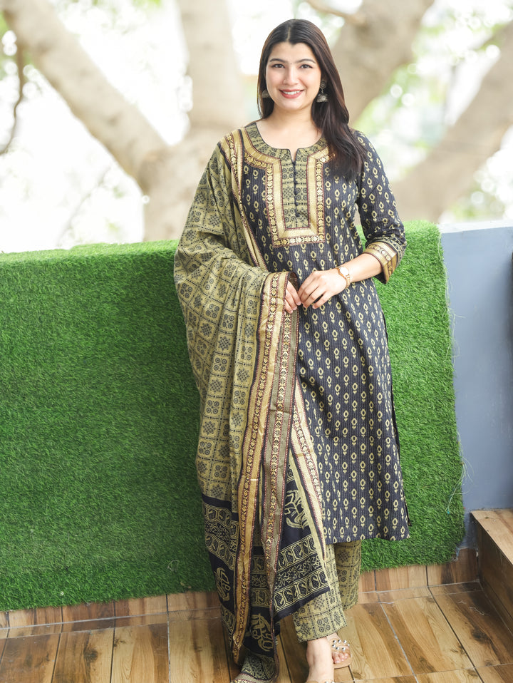 Laadli Black Neck Potli Button Mangalgiri Patch Kantha Printed South Cotton 3 Piece Set