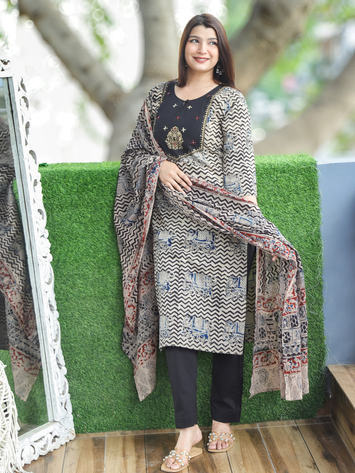 Nancy Oil Black Kalamkari Cotton 3 PIece Set