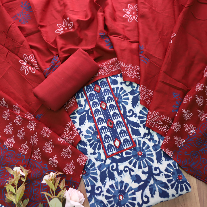 Ishika Stone Blue Kutch Mirror Dabu Printed Cotton Set