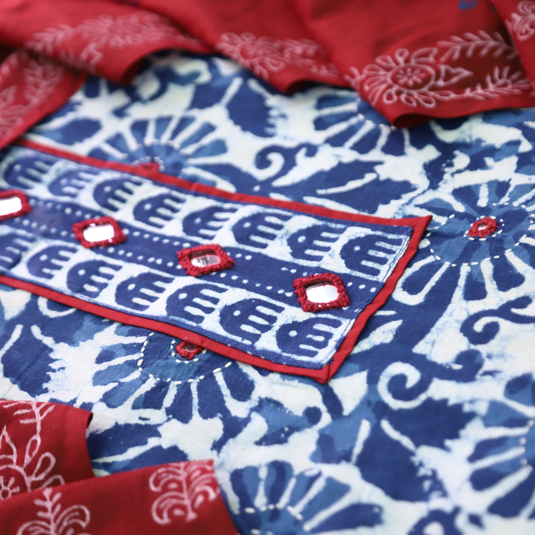 Ishika Stone Blue Kutch Mirror Dabu Printed Cotton Set