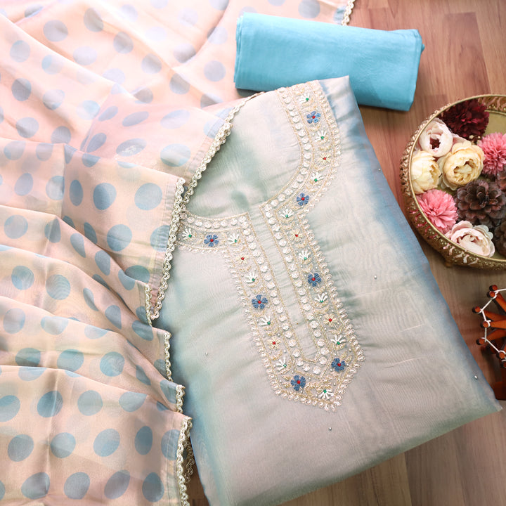 Avinya Chrome Blue Embellished Shimmer Tissue Organza Set