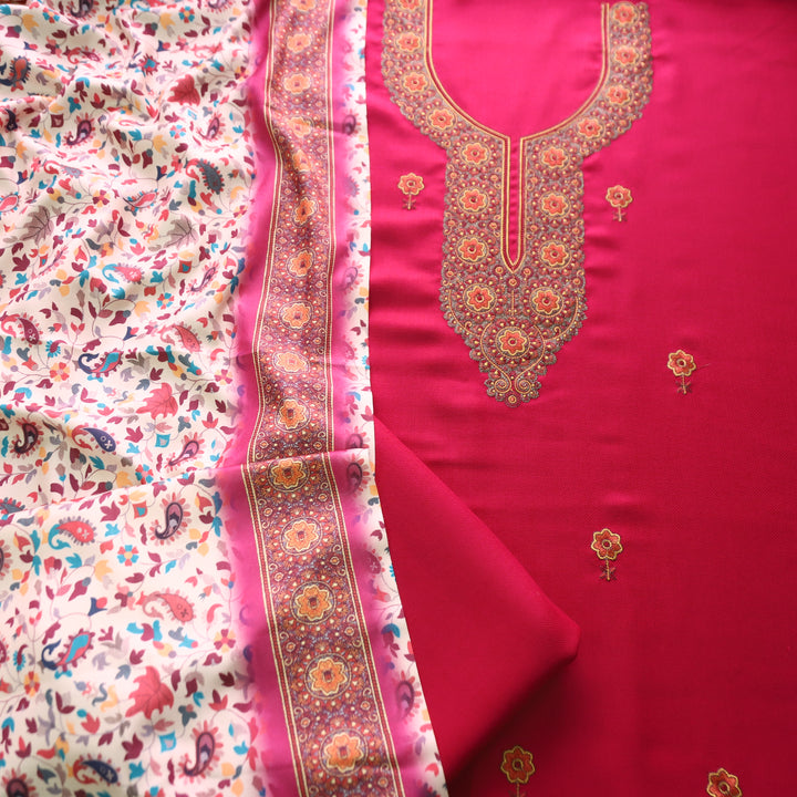 राजोहरी Bright Pink Thread Embroidery Work Semi Pashmina Winter Set