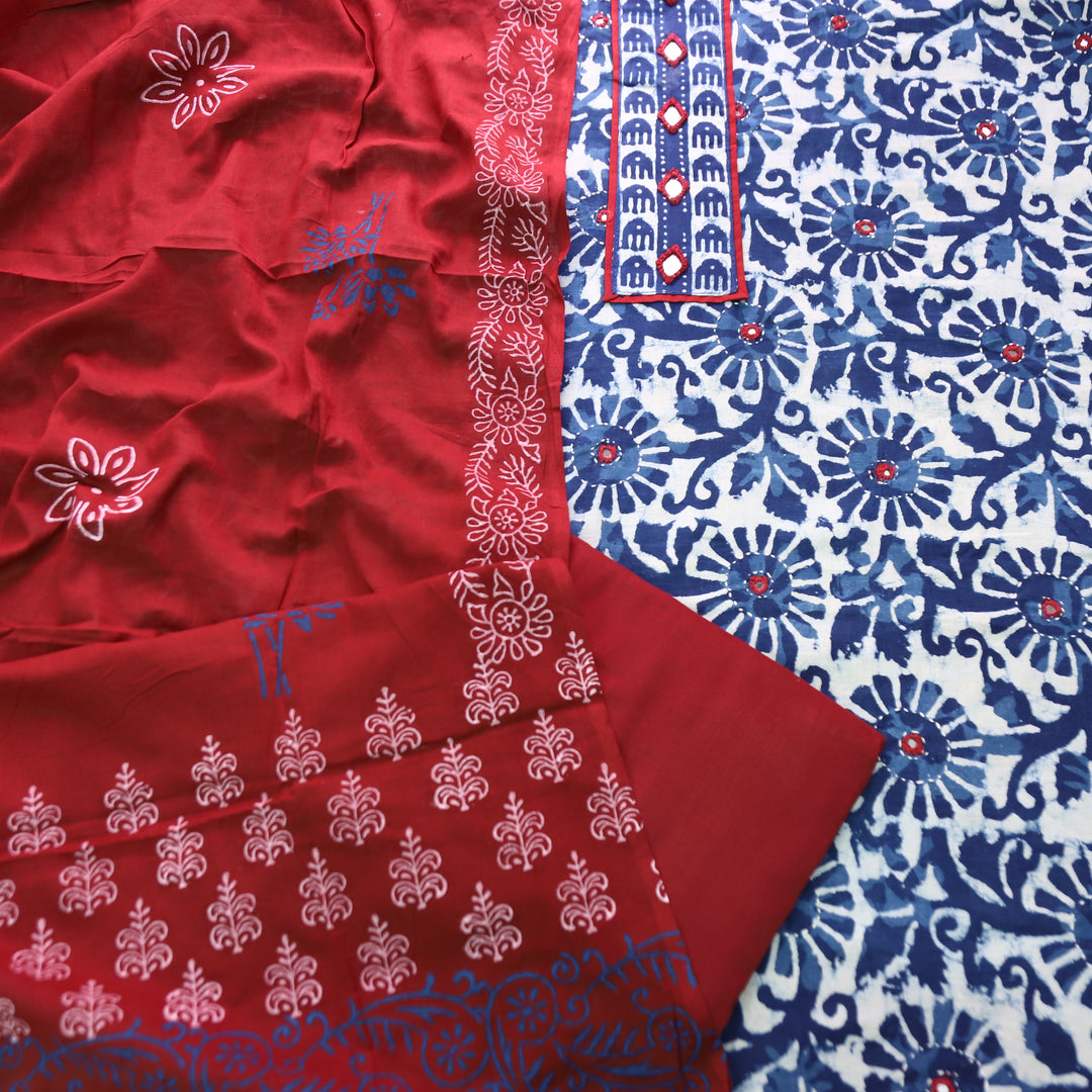 Ishika Stone Blue Kutch Mirror Dabu Printed Cotton Set