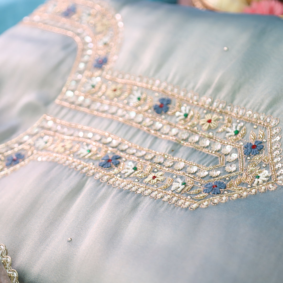 Avinya Chrome Blue Embellished Shimmer Tissue Organza Set