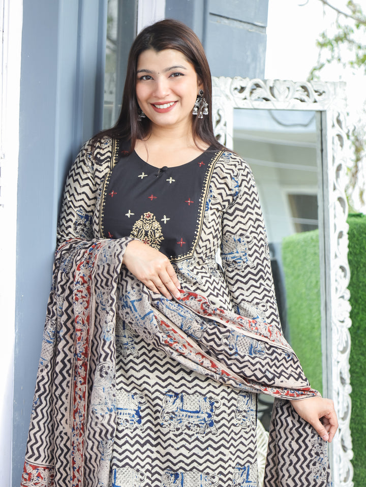 Nancy Oil Black Kalamkari Cotton 3 PIece Set