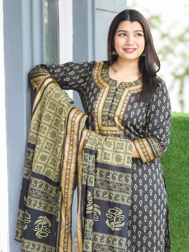 Laadli Black Neck Potli Button Mangalgiri Patch Kantha Printed South Cotton 3 Piece Set