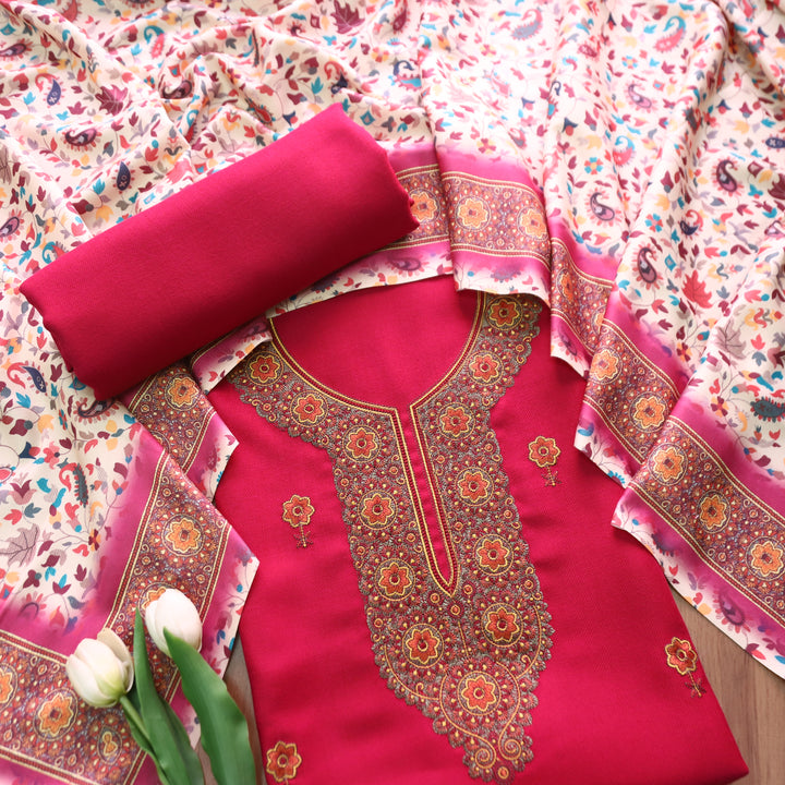 राजोहरी Bright Pink Thread Embroidery Work Semi Pashmina Winter Set