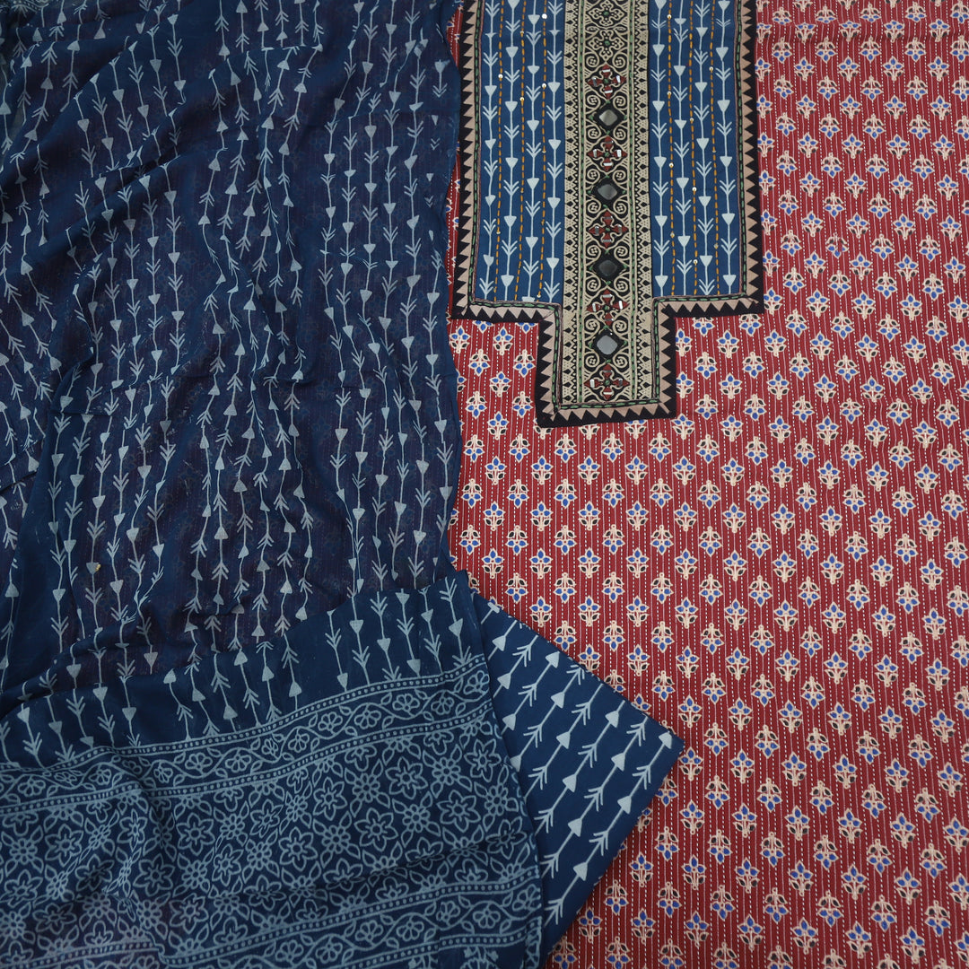 Ruhani Blood Red Ajrak Printed Cotton Top With Cotton Dupatta