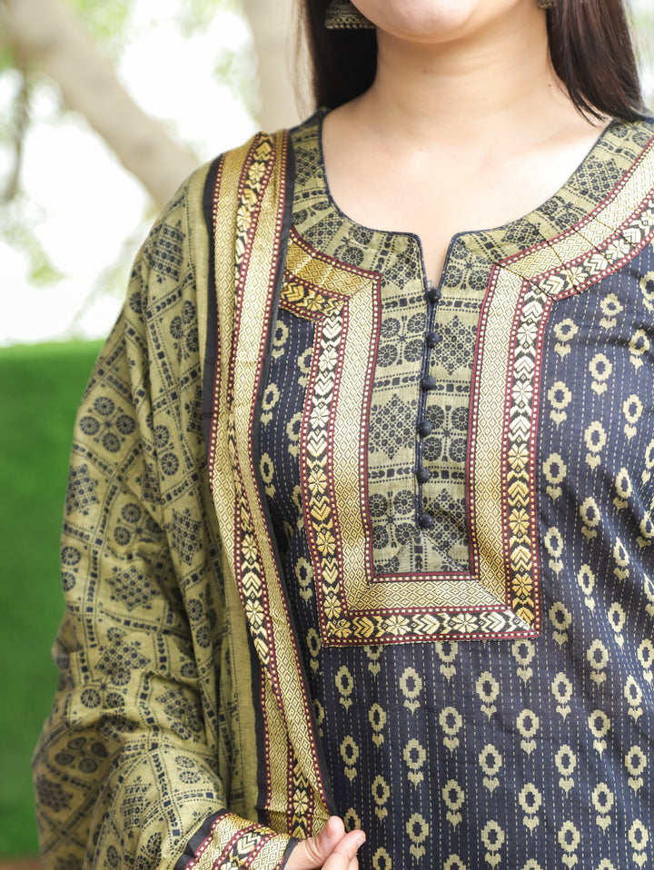 Laadli Black Neck Potli Button Mangalgiri Patch Kantha Printed South Cotton 3 Piece Set