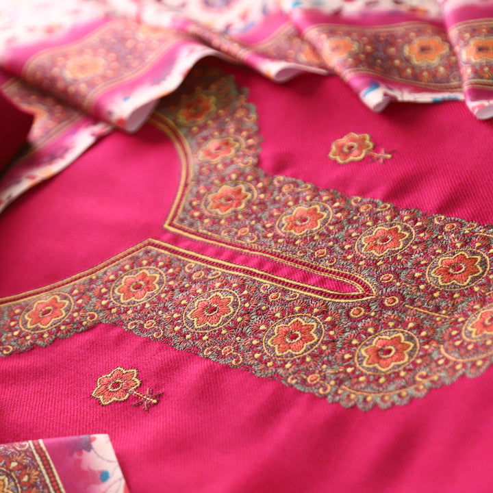 राजोहरी Bright Pink Thread Embroidery Work Semi Pashmina Winter Set