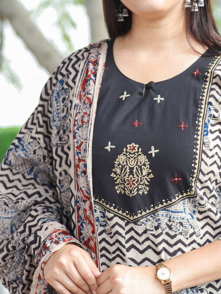 Nancy Oil Black Kalamkari Cotton 3 PIece Set