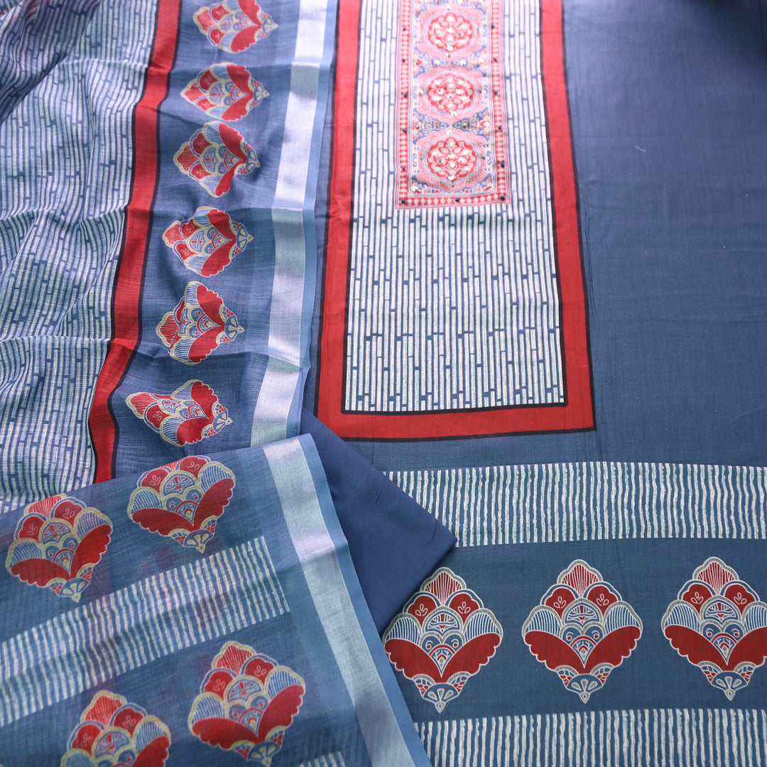 Gautami Denim Blue Ajrak Printed with Moti Work Jam Cotton Set