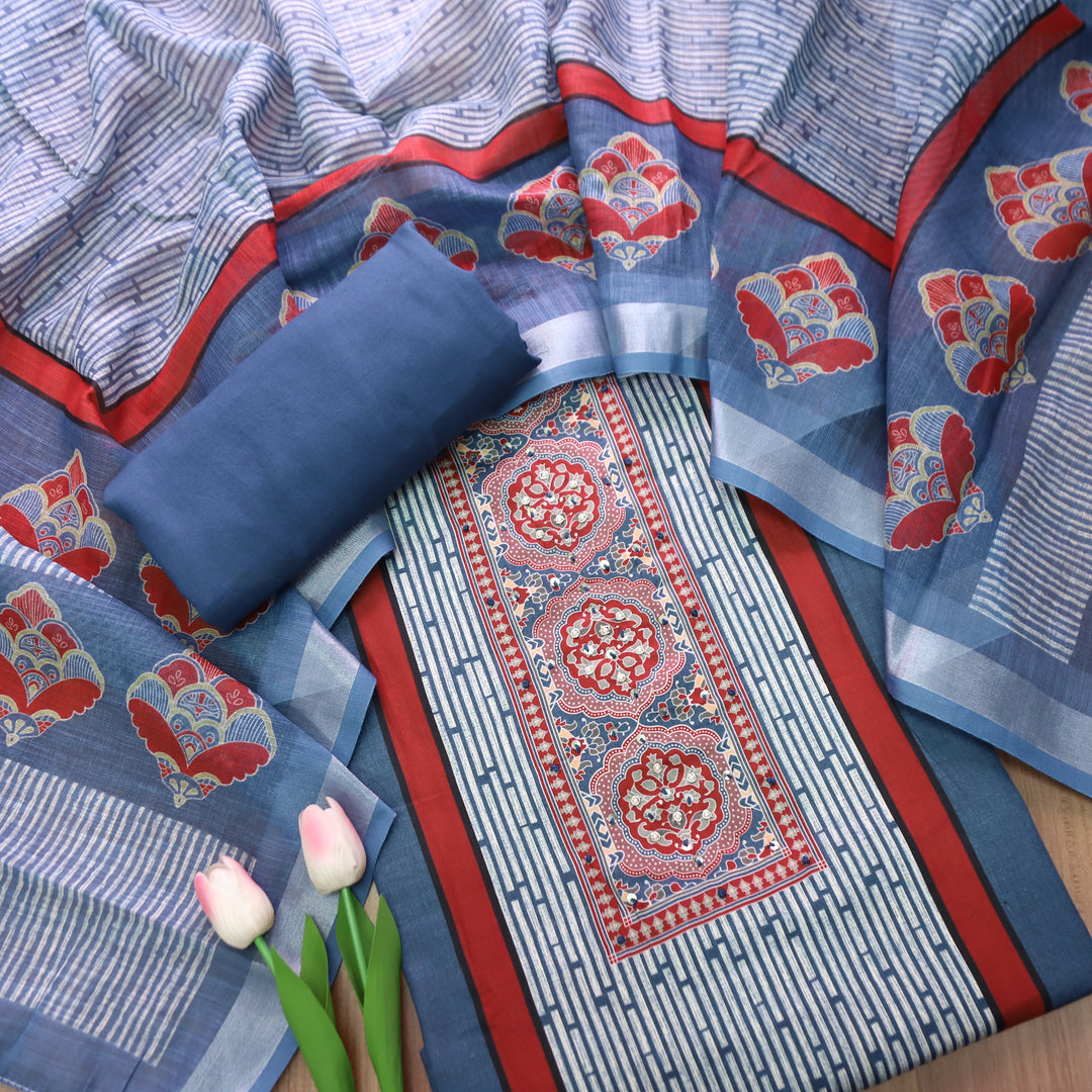 Gautami Denim Blue Ajrak Printed with Moti Work Jam Cotton Set