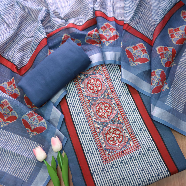 Gautami Denim Blue Ajrak Printed with Moti Work Jam Cotton Set