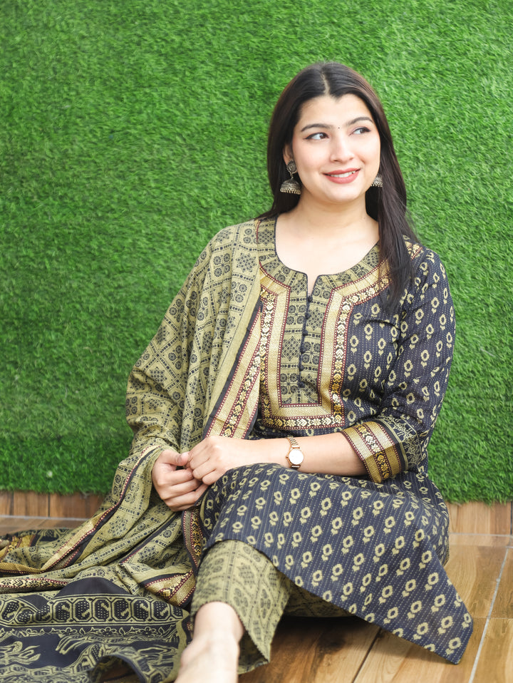 Laadli Black Neck Potli Button Mangalgiri Patch Kantha Printed South Cotton 3 Piece Set