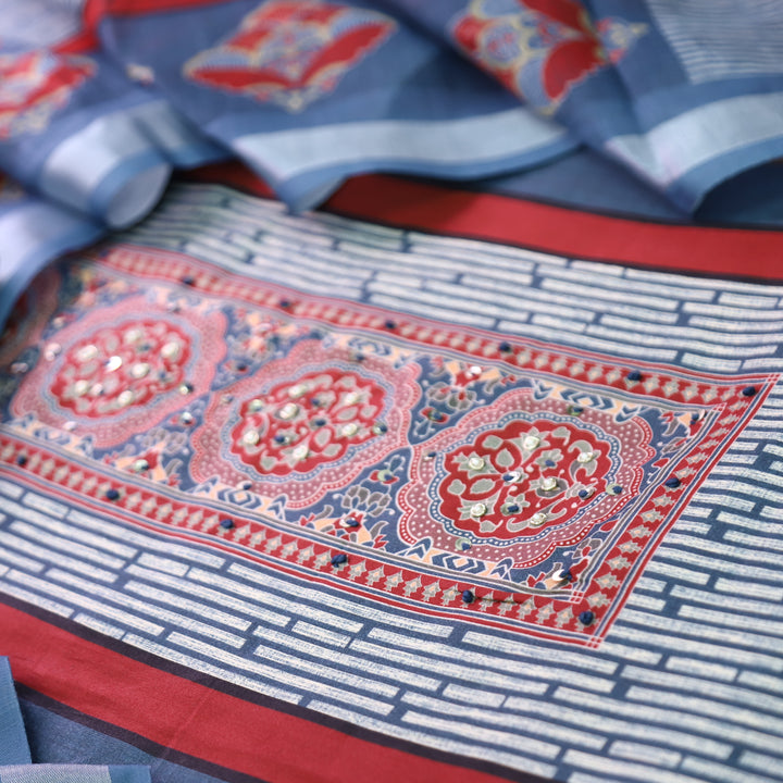 Gautami Denim Blue Ajrak Printed with Moti Work Jam Cotton Set