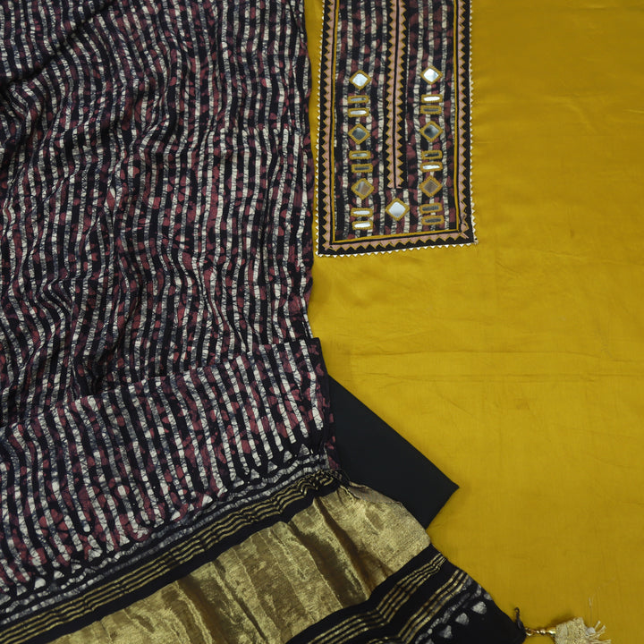 Faryaad Mustard Yellow Jam Cotton Satin Top With Gajji Silk Dupatta