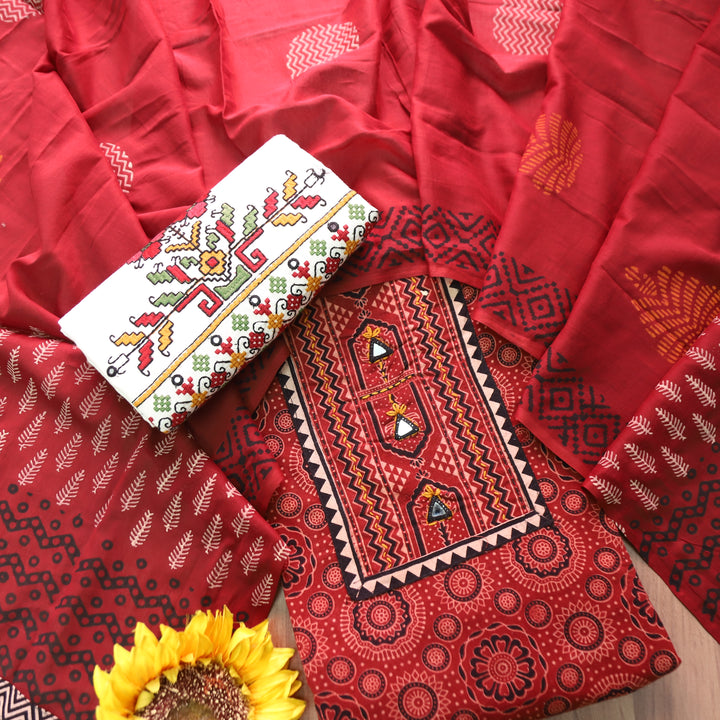 Rushali Maroon Red Kutch Patch Work Ajrakh Print Cotton Set