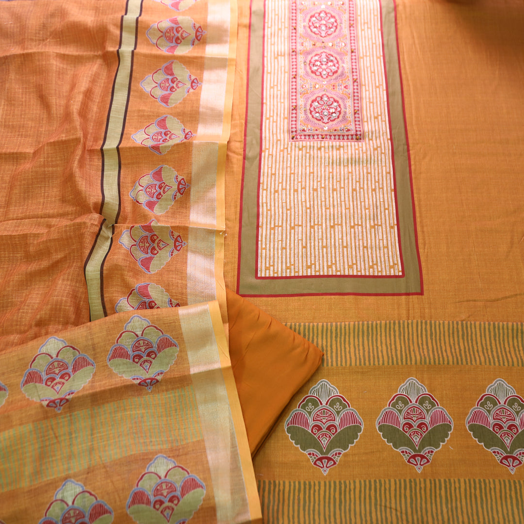 Gautami Dijon Yellow Ajrak Printed with Moti Work Jam Cotton Set