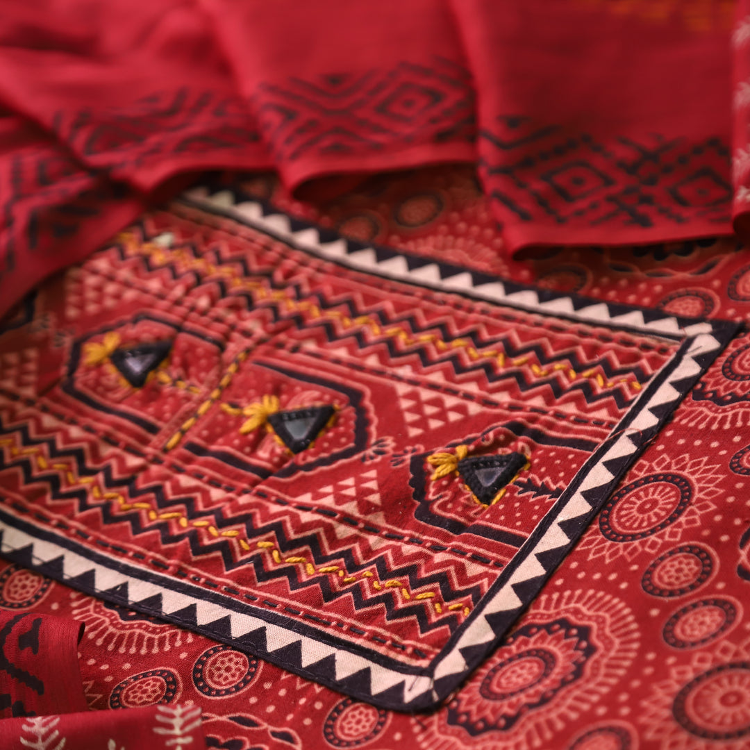 Rushali Maroon Red Kutch Patch Work Ajrakh Print Cotton Set