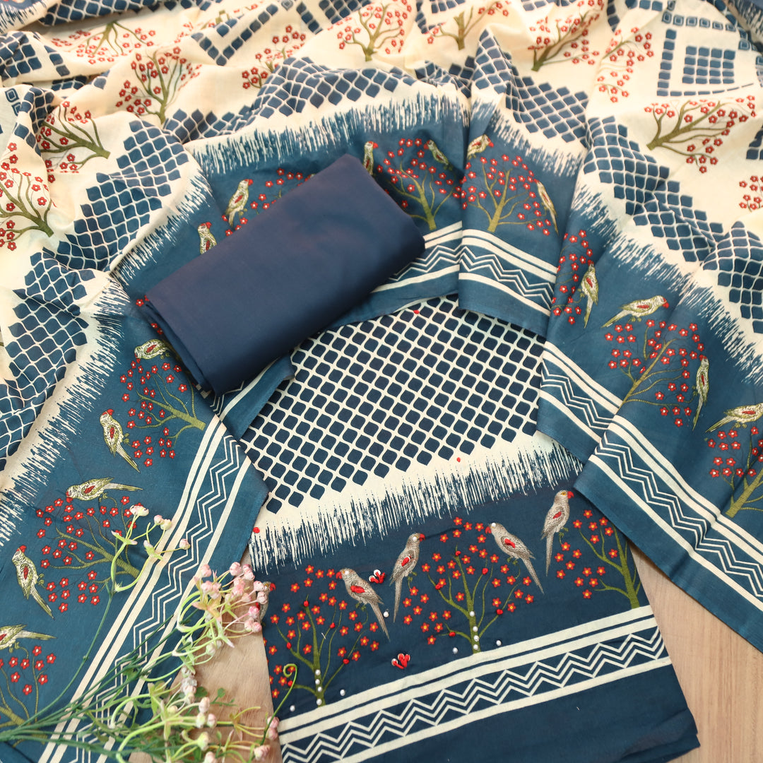 Clara Blue Digital Printed Thread Work Hem Cotton Set