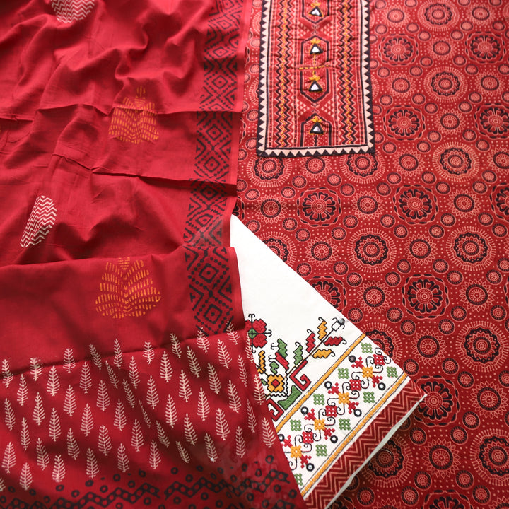 Rushali Maroon Red Kutch Patch Work Ajrakh Print Cotton Set