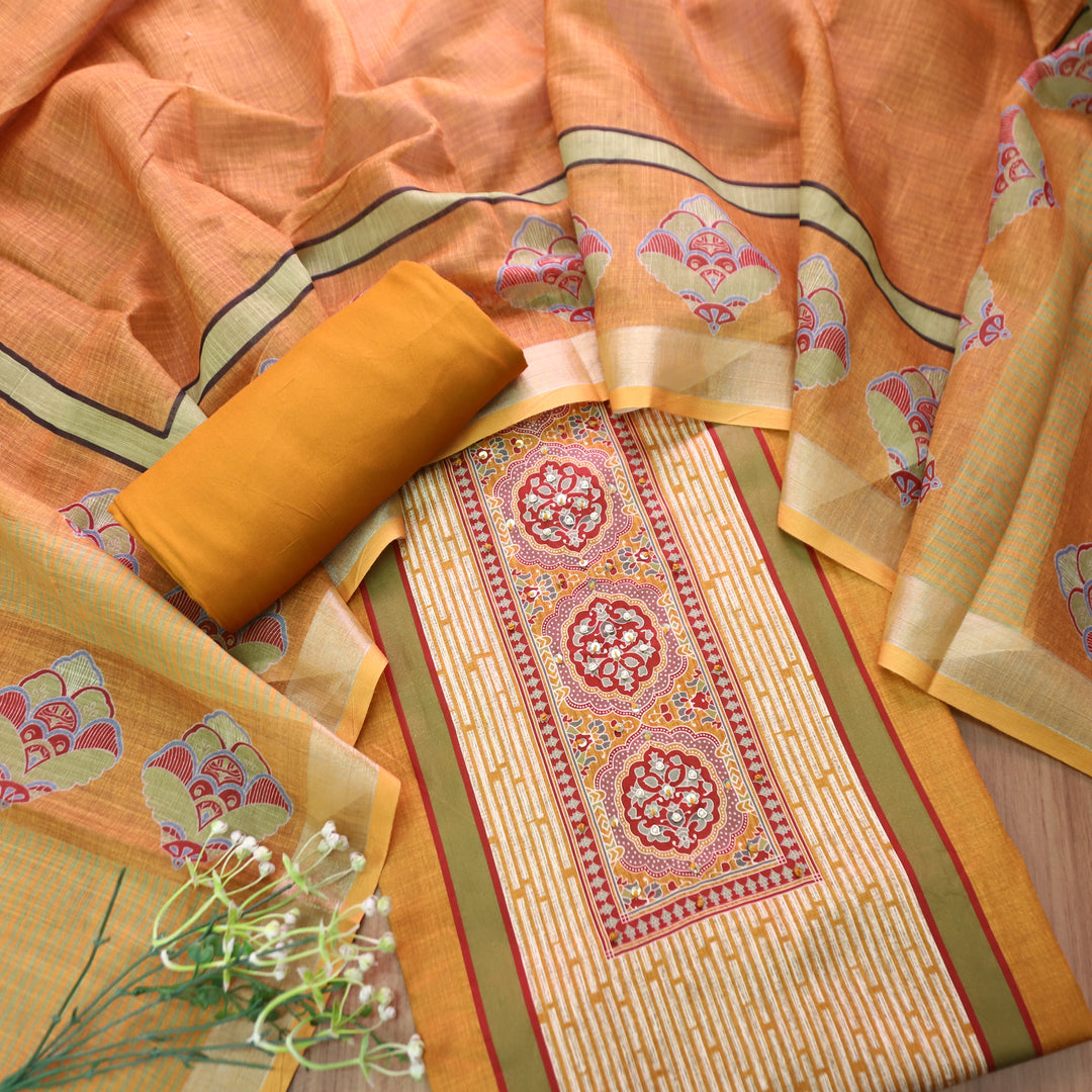 Gautami Dijon Yellow Ajrak Printed with Moti Work Jam Cotton Set