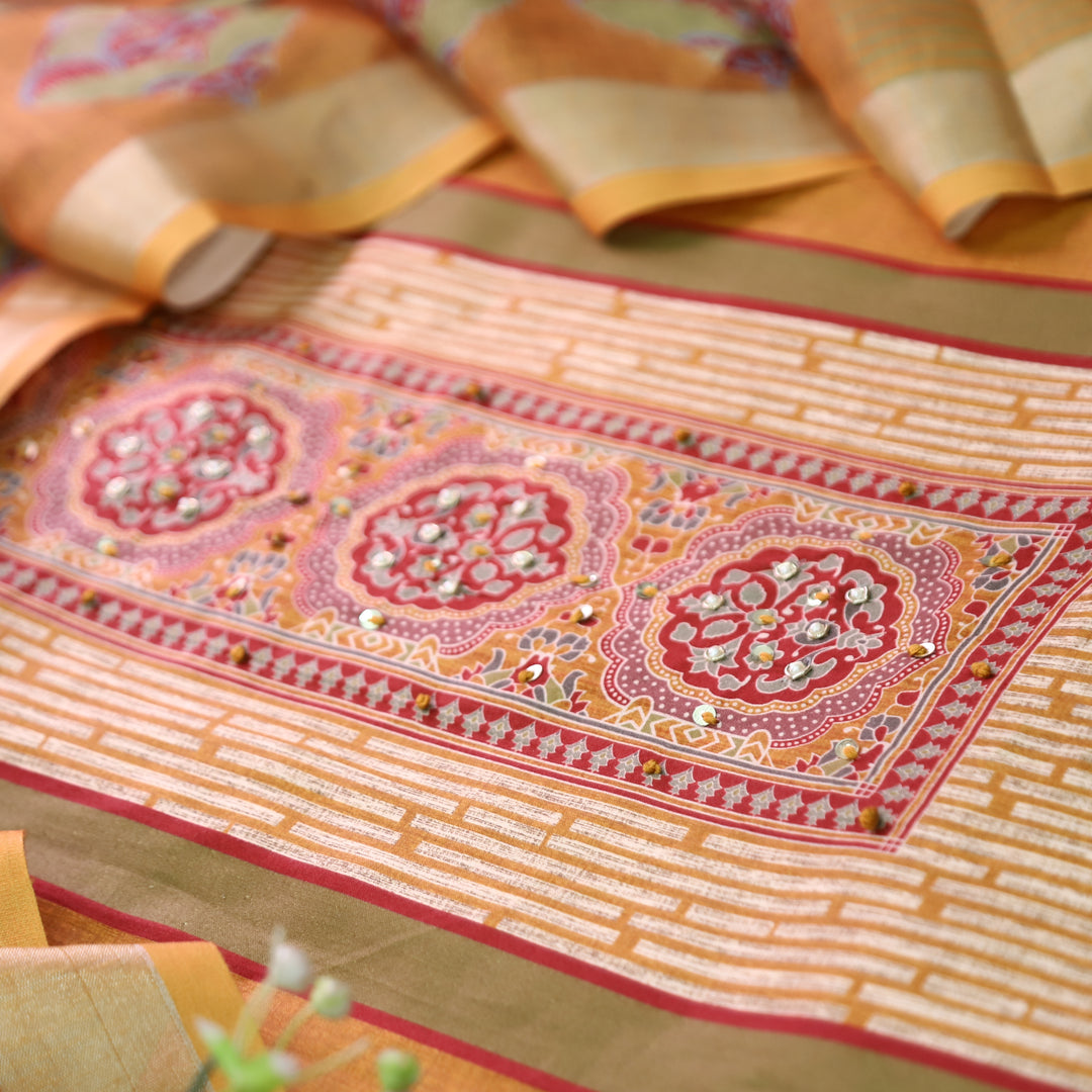 Gautami Dijon Yellow Ajrak Printed with Moti Work Jam Cotton Set