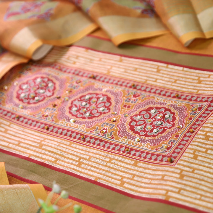 Gautami Dijon Yellow Ajrak Printed with Moti Work Jam Cotton Set