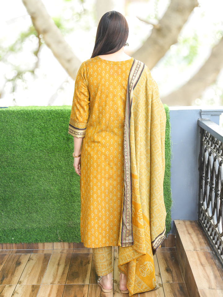 Laadli Yellow Potli Button Mangalgiri Patch Kantha Printed South Cotton 3 Piece Set