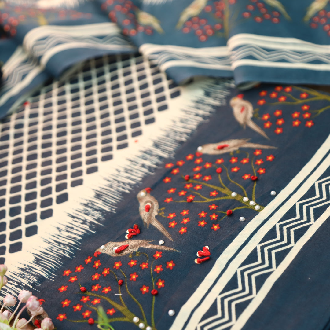 Clara Blue Digital Printed Thread Work Hem Cotton Set