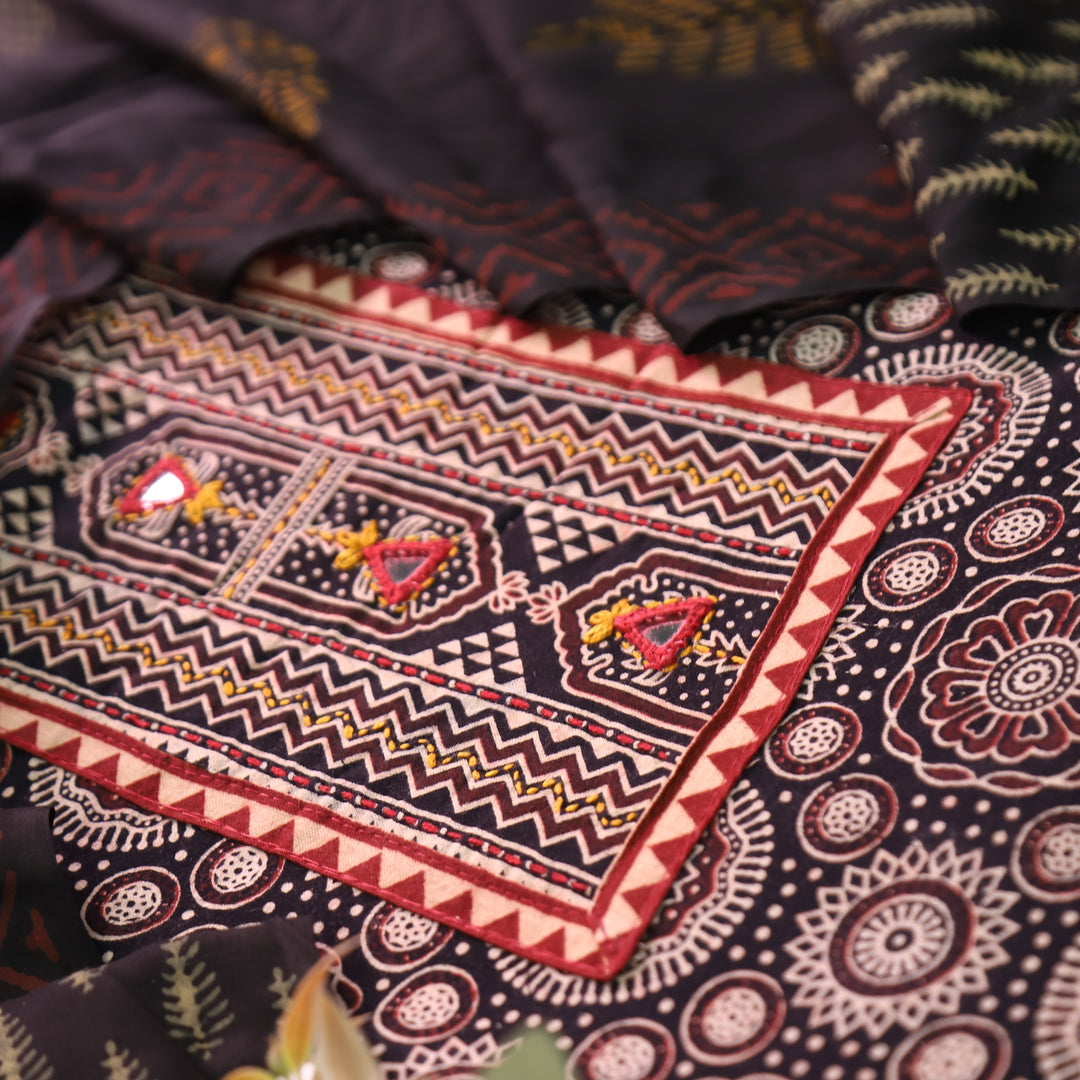 Rushali Balix Black Kutch Patch Work Ajrakh Print Cotton Set