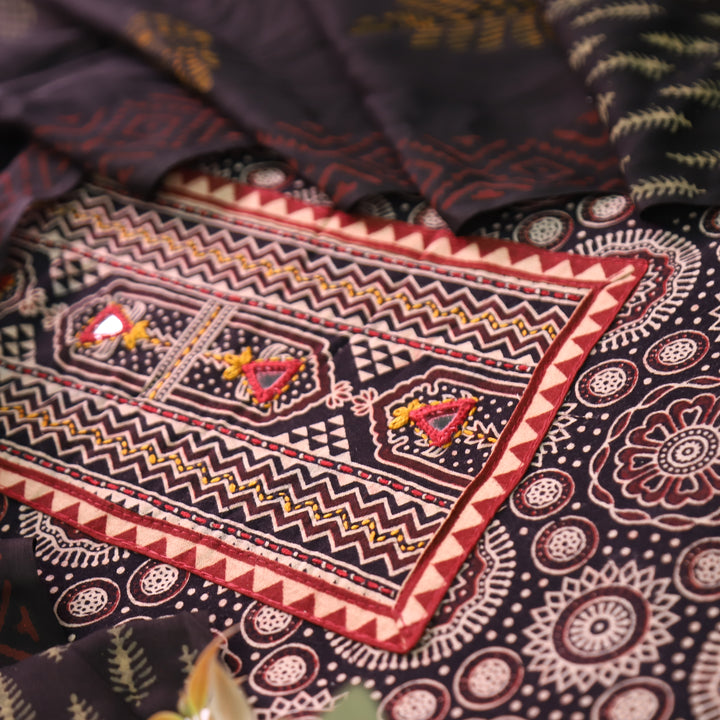 Rushali Balix Black Kutch Patch Work Ajrakh Print Cotton Set