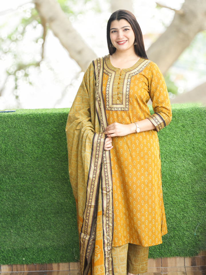 Laadli Yellow Potli Button Mangalgiri Patch Kantha Printed South Cotton 3 Piece Set