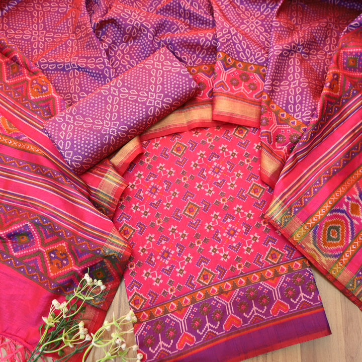 Bahana Magenta Pink All Over Patola Shadow Printed Work Muslin Set