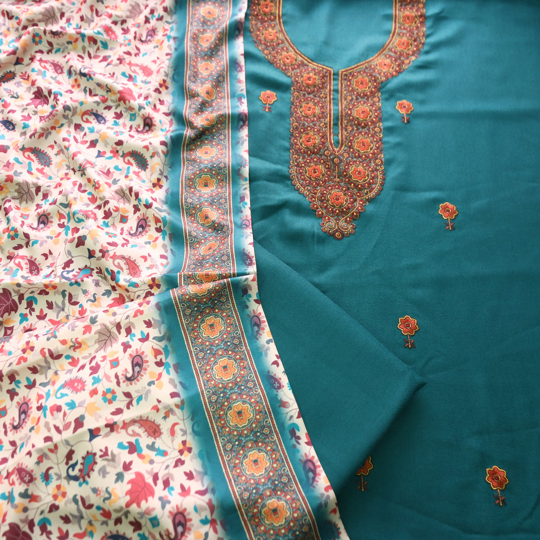 राजोहरी Turquoise Teal Thread Embroidery Work Semi Pashmina Winter Set