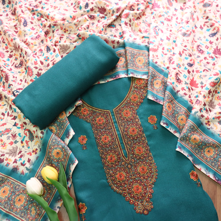 राजोहरी Turquoise Teal Thread Embroidery Work Semi Pashmina Winter Set