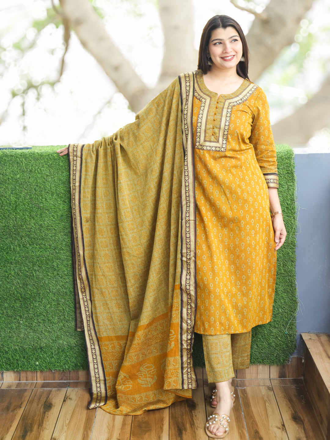 Laadli Yellow Potli Button Mangalgiri Patch Kantha Printed South Cotton 3 Piece Set