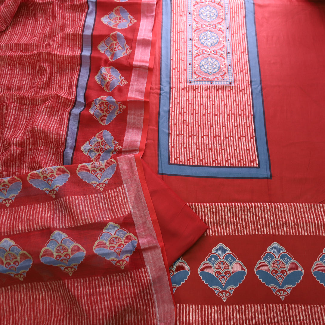 Gautami Berry Red Ajrak Printed with Moti Work Jam Cotton Set