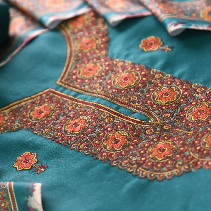राजोहरी Turquoise Teal Thread Embroidery Work Semi Pashmina Winter Set