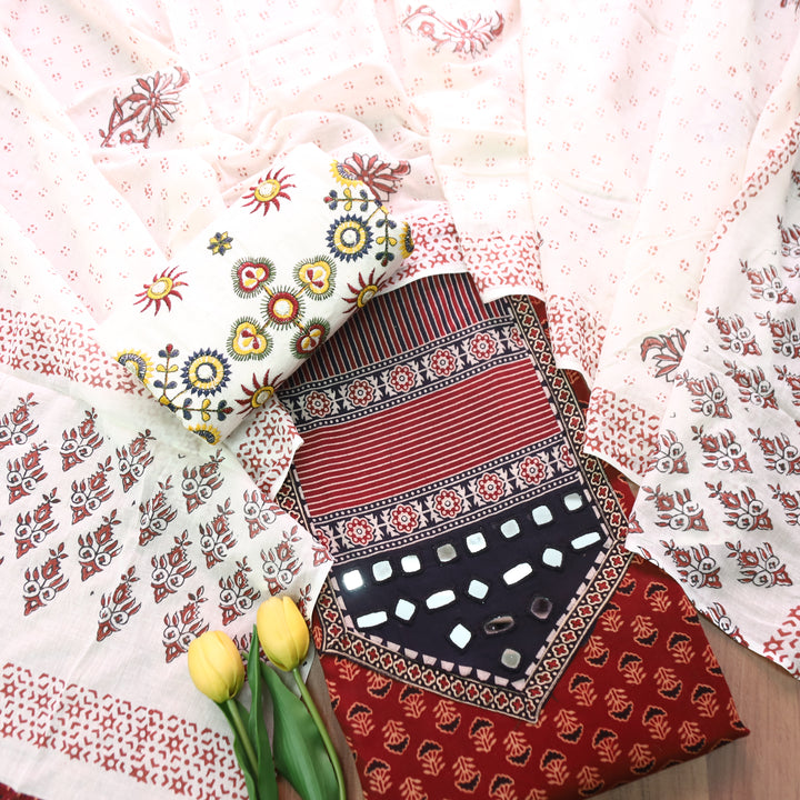 Madhvi Maroon Red Mirror Work Yoke Ajrakh Cotton Set