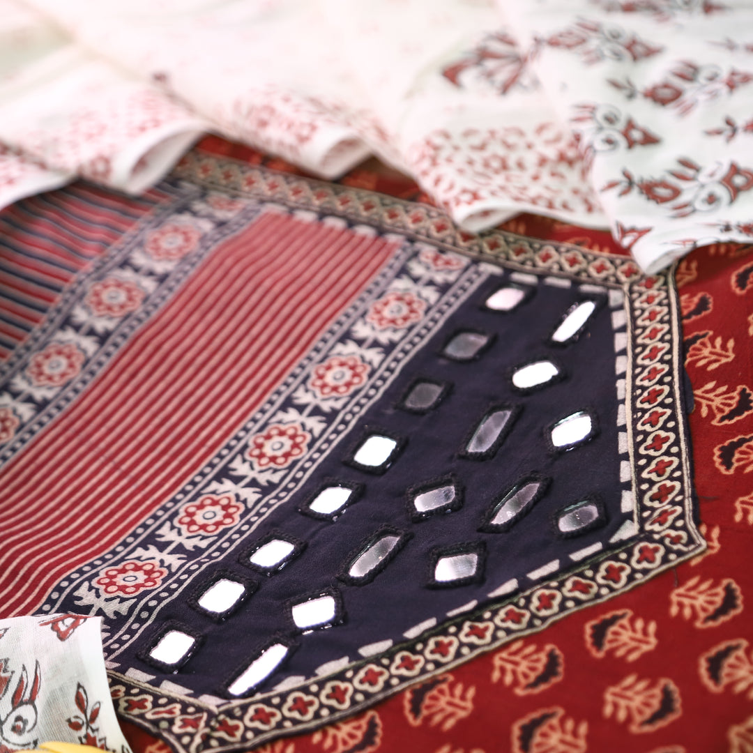 Madhvi Maroon Red Mirror Work Yoke Ajrakh Cotton Set
