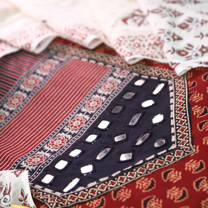 Madhvi Maroon Red Mirror Work Yoke Ajrakh Cotton Set
