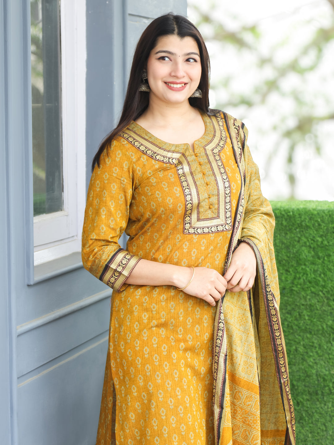 Laadli Yellow Potli Button Mangalgiri Patch Kantha Printed South Cotton 3 Piece Set