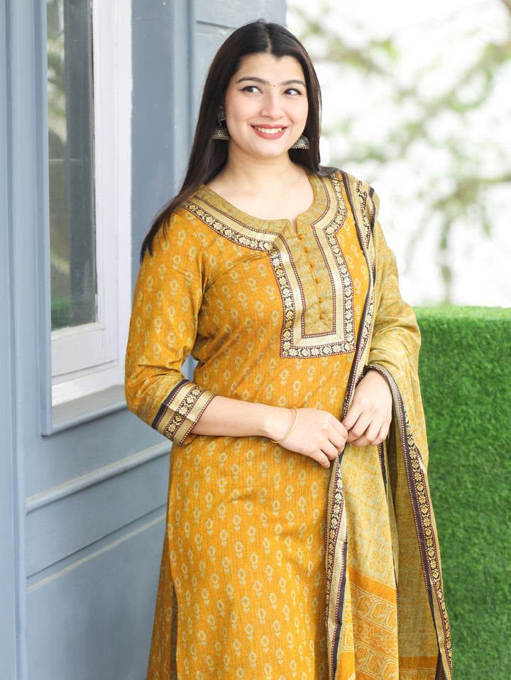 Laadli Yellow Potli Button Mangalgiri Patch Kantha Printed South Cotton 3 Piece Set
